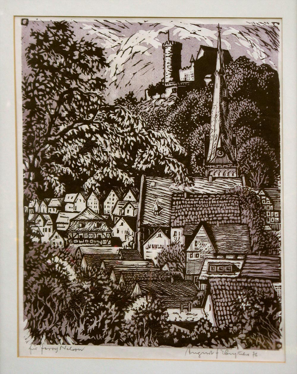 August Eberspaecher 1976 - Biedenkopf Castle (woodcut, 13x16in)