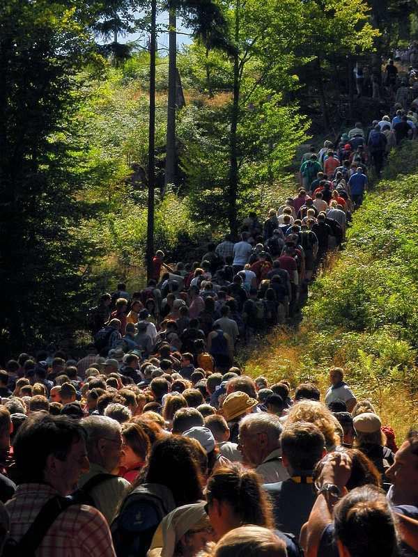 A long que means trouble lies ahead -- an obstacle holding up everyone . . . narrow bridge, steep descent. March-Day3Return-LongQueueUphill-